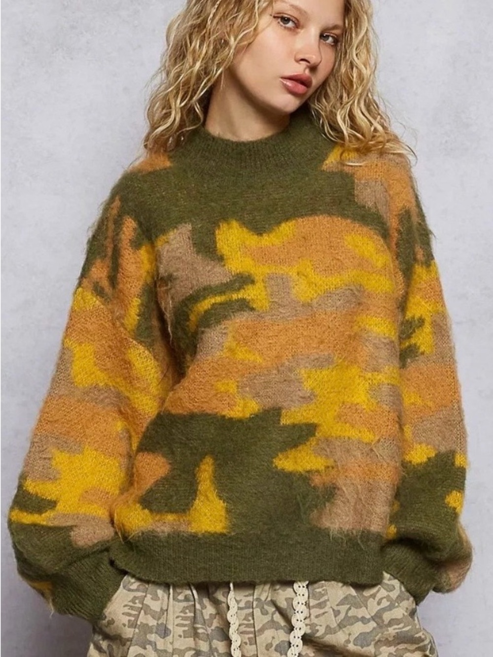 POL Olive, Mustard & Tan Camo Fuzzy Mock Turtleneck Sweater